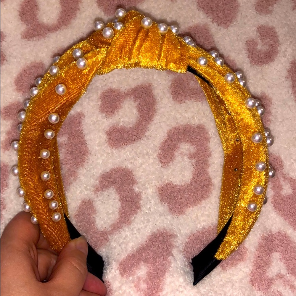 Vibrant yellow velvet pearl knot headband